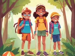 Three diverse children with backpacks and camping gear stand in a forest near a tent, ready for summer camp Pembroke Pines.