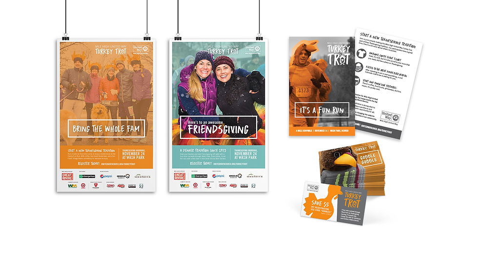 Mockups of some of the event's print deliverables. On the left are two posters highlighting attendees of the Turkey Trot. One poster shows a family and the copy "Bring the Whole Fam" and the other shows two friends and the text "Here's to an awesome Friendsgiving." On the right is a postcard promoting the event with a runner that has an orange overlay on top and the text "It's a fun run" with event info and details on the back. Below the postcard is a business card sized coupon with an image of the turkey costume on the front and the text "Gobble Gobble".