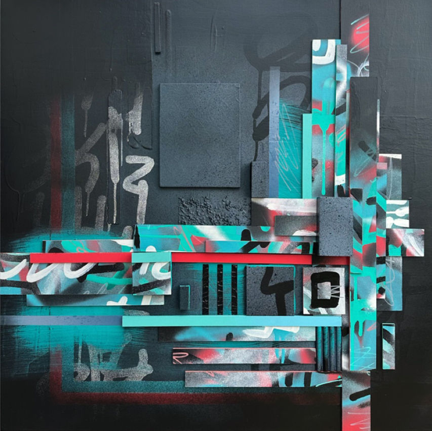 Structural painting Time goes on made on wood with parts of different painting