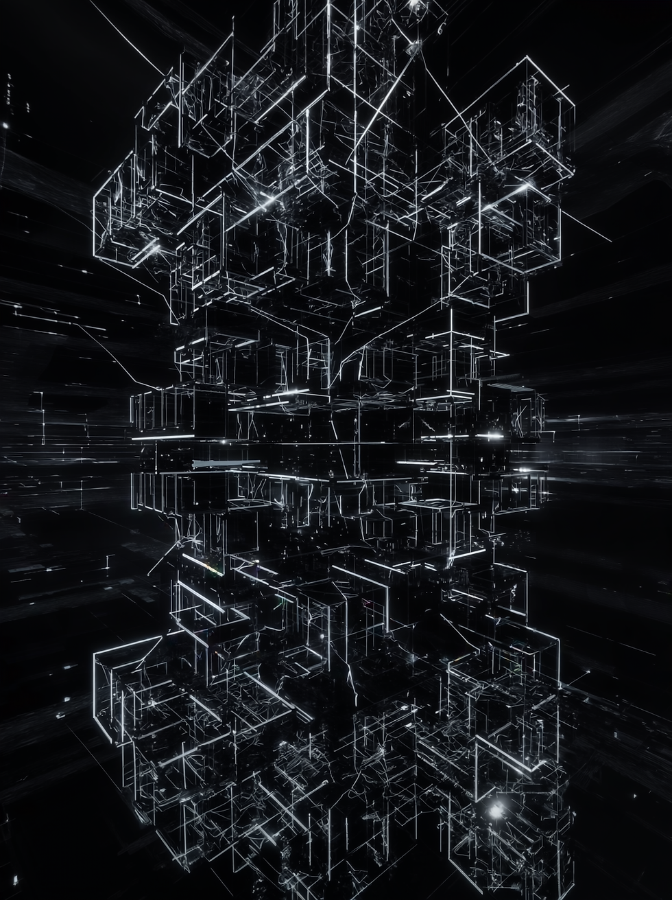 Gen4 Abstract 3D interface with modular cubes, data streams, and neural structures suspend