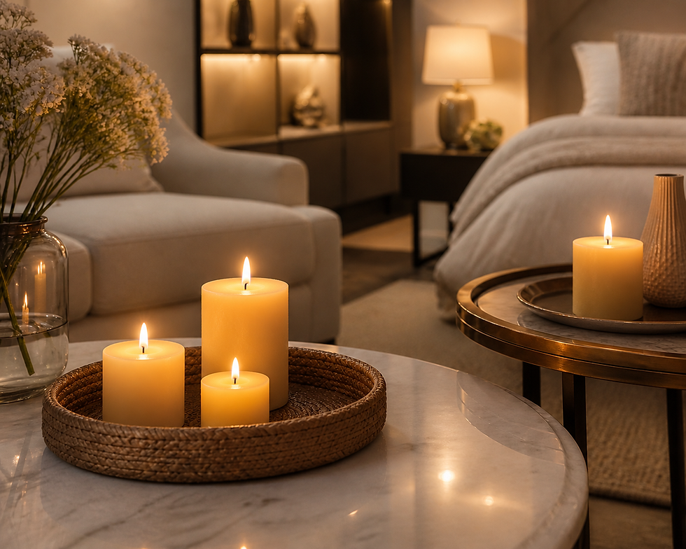 Warm bedroom with lit honeycomb candles on trays, beige chair and bed, flowers, and a lamp creating a calm glow.