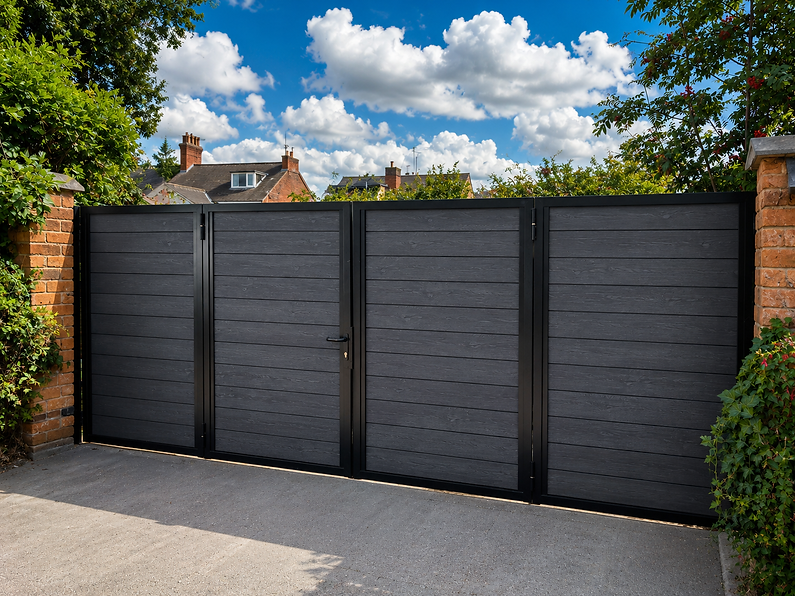 Dark grey horizontal-panel driveway gate set between brick pillars