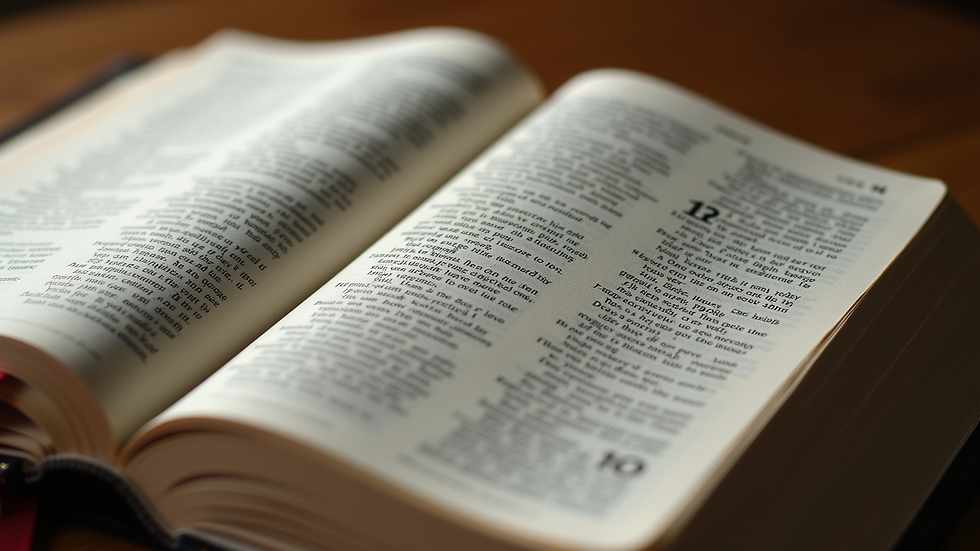 High angle view of an open Bible with highlighted verses about love and service