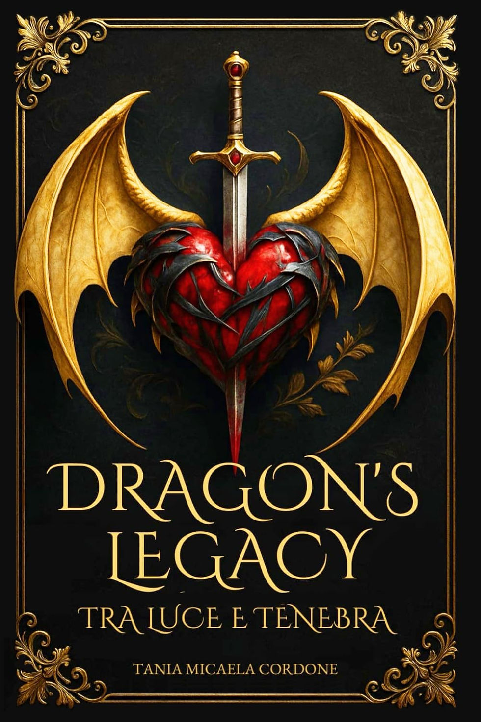 A heart wrapped in black thorns, pierced by a sword with golden dragon wings. Ornate gold borders. Text: Dragon's Legacy, Tra Luce e Tenebra.