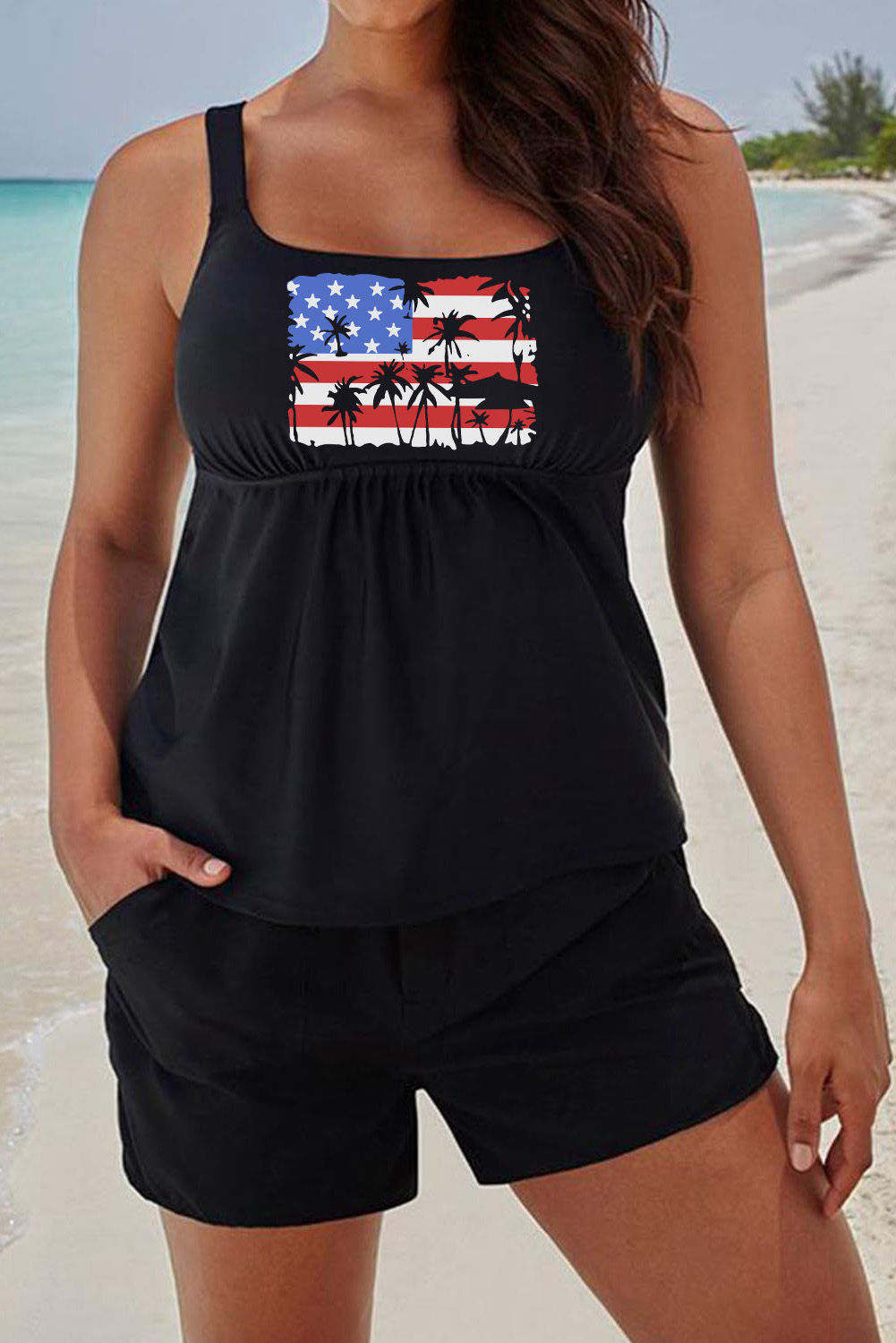 Black American Flag Plants Print  Tankini Swimsuit
