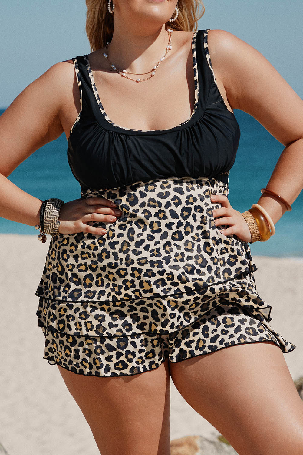 Black Swimwear Leopard Ruffle Ruched Swimdress and Shorts