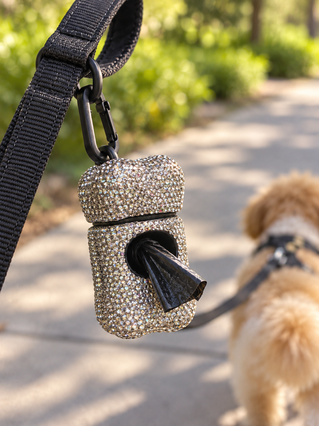 Portable Rhinestone Dog Waste Bag Dispenser with Clip and 1 Roll of Bags, Silver