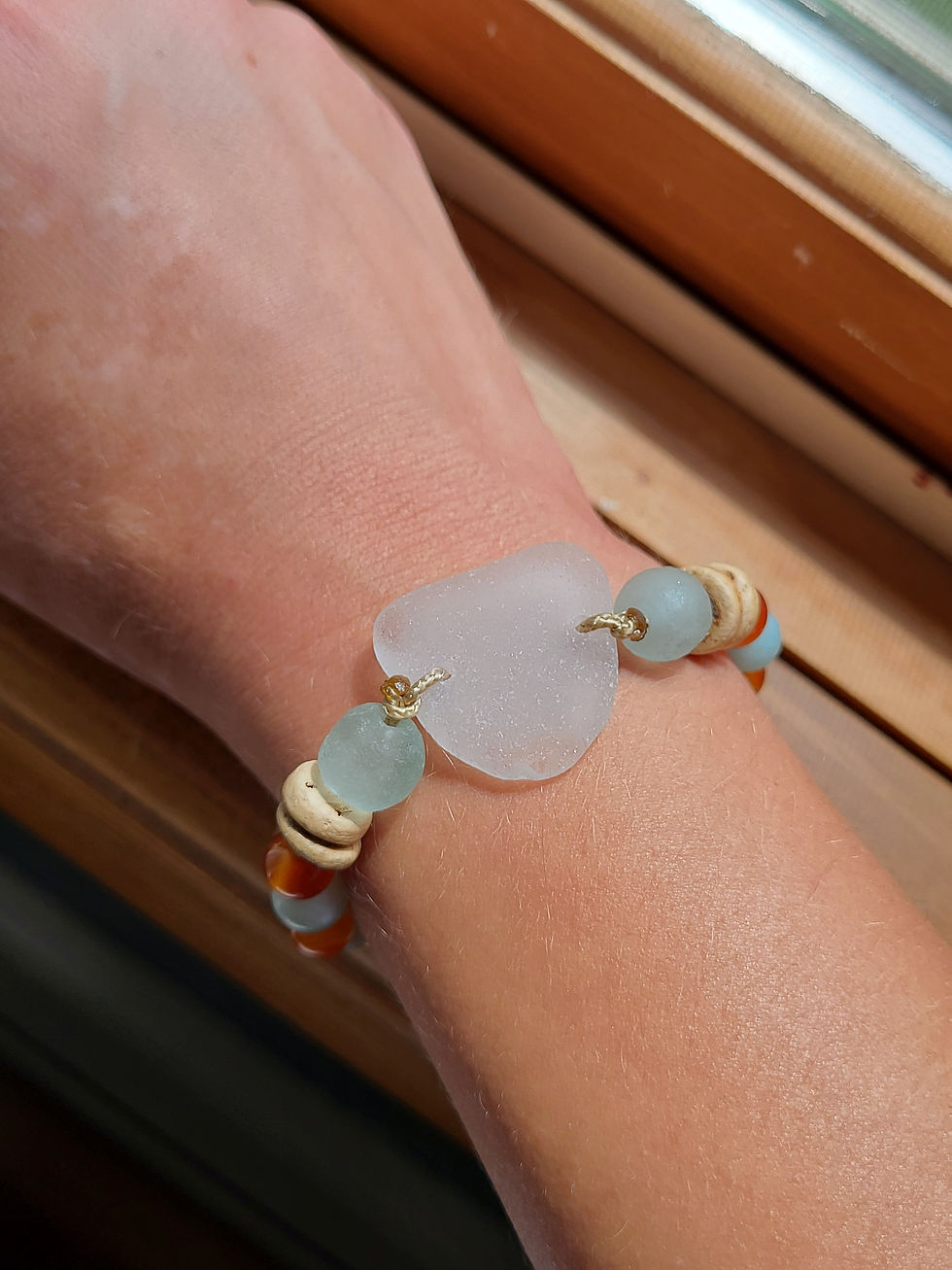 Thumbnail: Handmade white sea glass bracelet with carnelian and amazonite gemstone beads, recycled glass beads and coconut shell beads