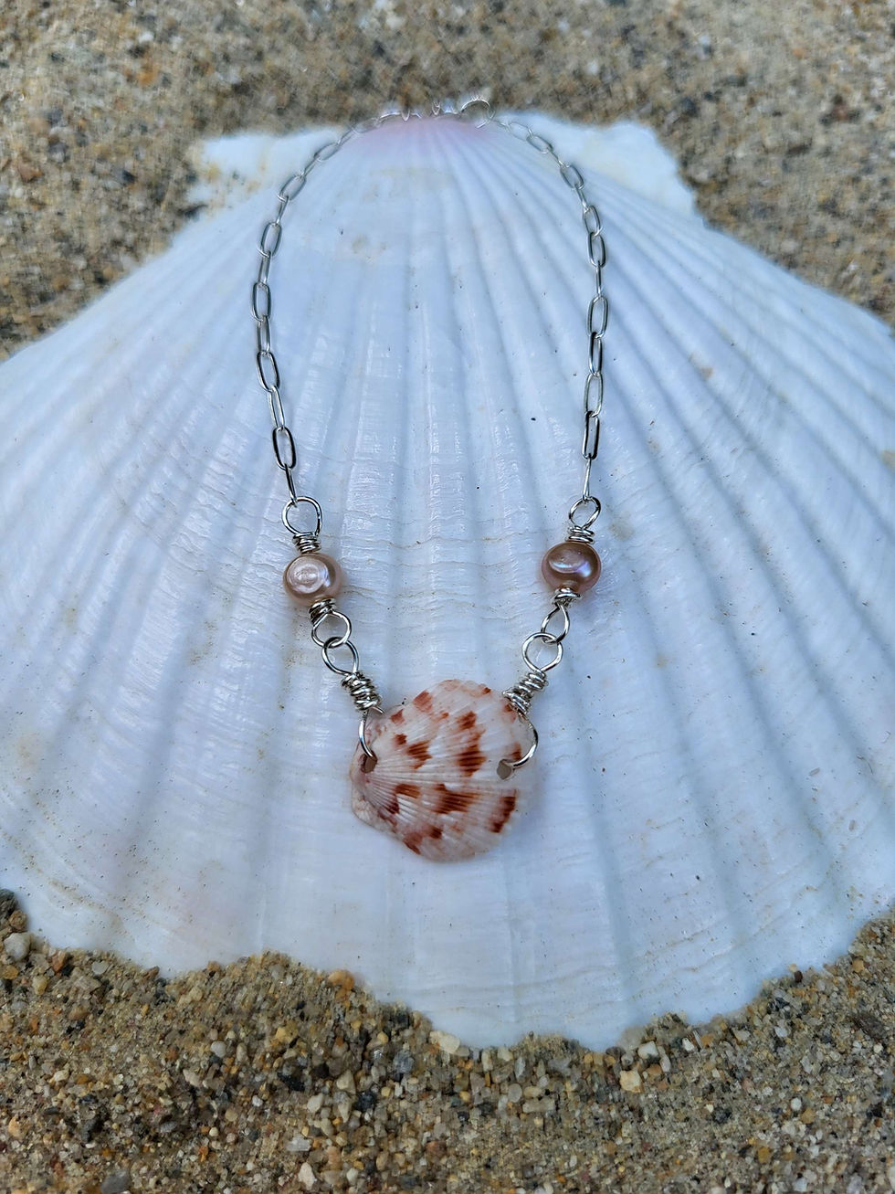 Thumbnail: A sterling silver paperclip chain bracelet with a white and pink scallop shell and two pink freshwater pearls