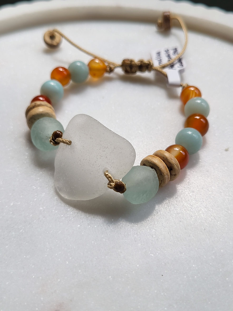 Thumbnail: Handmade white sea glass bracelet with carnelian and amazonite gemstone beads, recycled glass beads and coconut shell beads