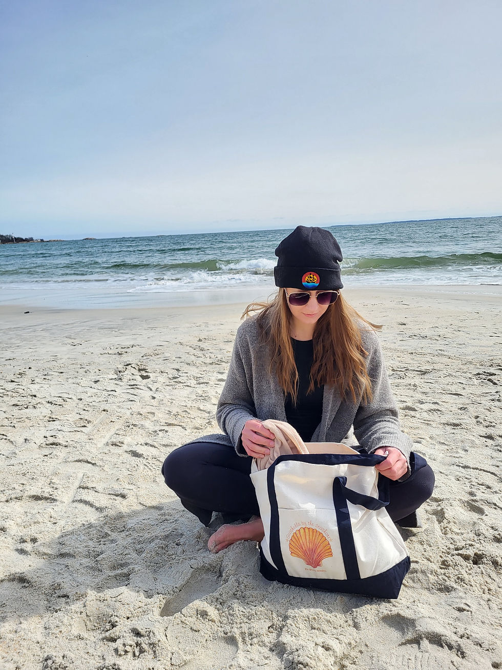 Thumbnail: Cotton canvas and dark blue tote bag with orange seashell by the seashore design