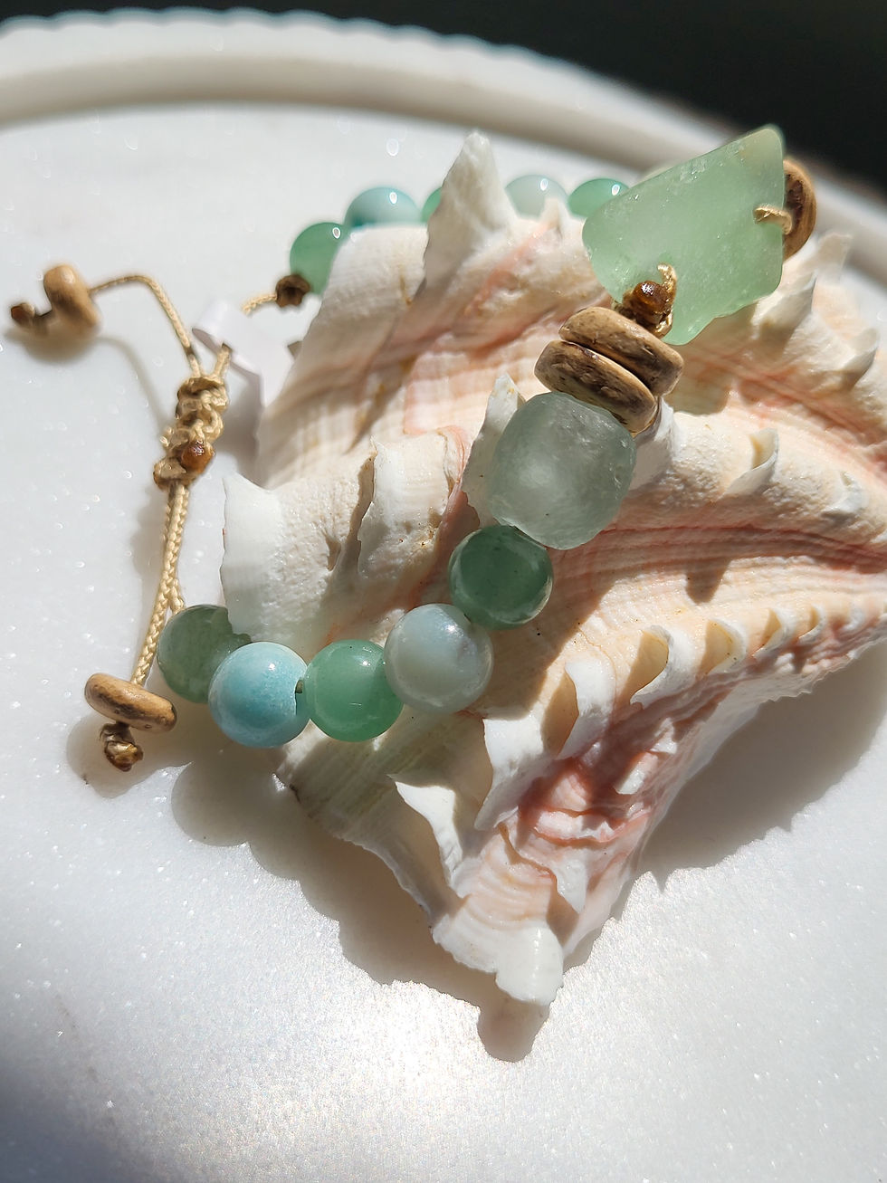 Thumbnail: Blue sea glass bracelet with amazonite and aventurine gemstone beads and recycled glass and coconut shell beads