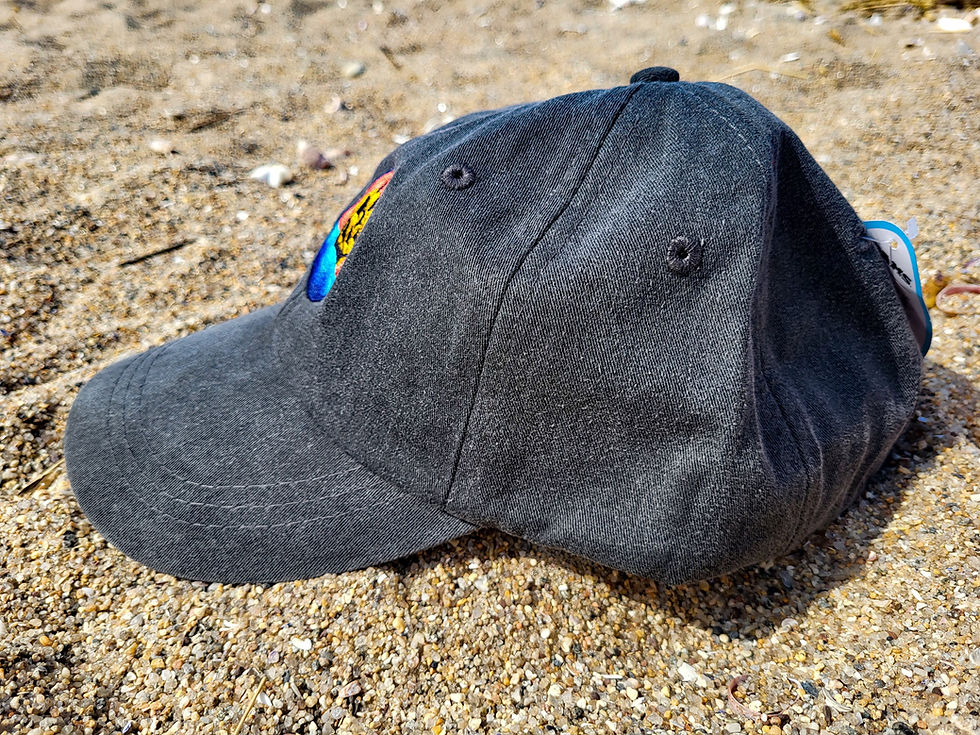 Thumbnail: Faded black dad hat with embroidered pirate ship at sunset design side view
