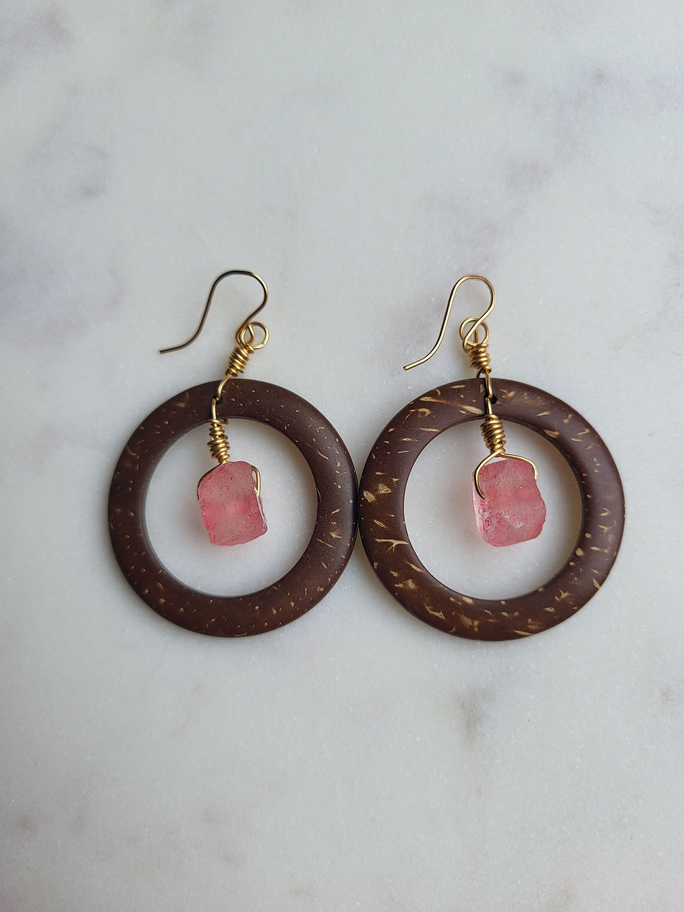 Coconut shell dangle hoop earrings with gold wire wrapped pink glass beads