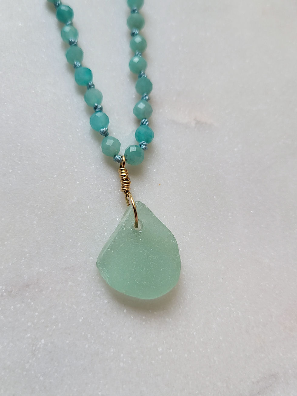Thumbnail: Amazonite beaded necklace blue sea glass necklace hand knotted silk necklace