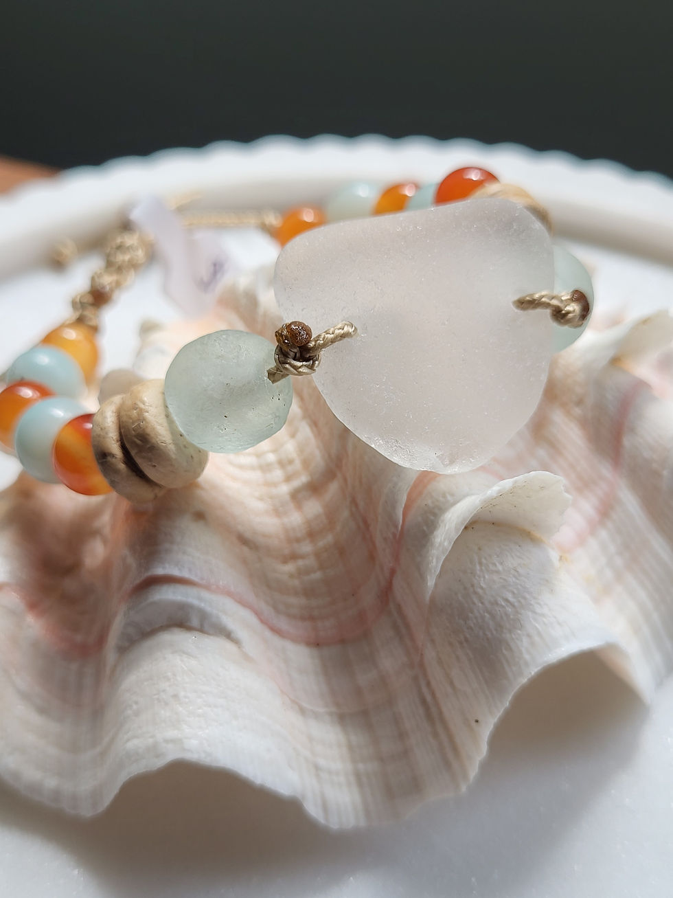 Thumbnail: Handmade white sea glass bracelet with carnelian and amazonite gemstone beads, recycled glass beads and coconut shell beads