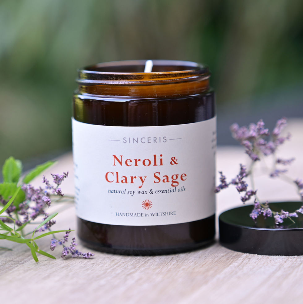 Close up of Neroli & Clary Sage Essential Oil Soy Wax Candle