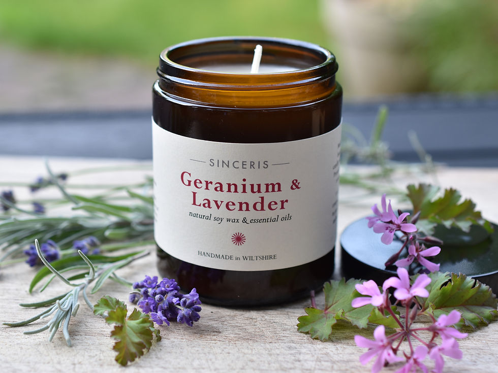 Thumbnail: Geranium & Lavender Essential Oil Soy Wax Candle with lit wick
