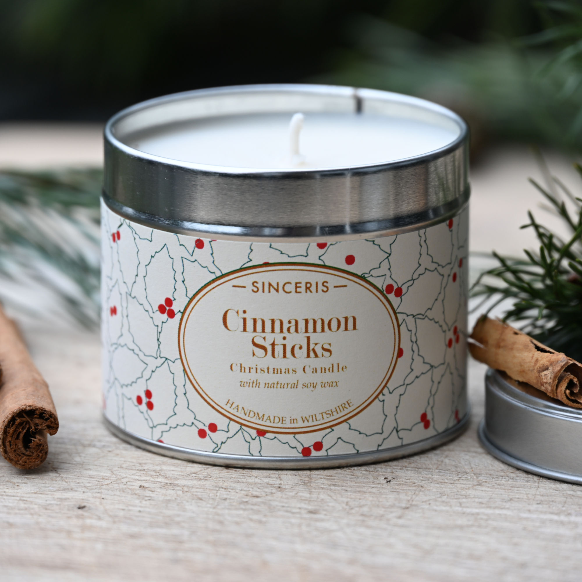 Cinnamon Sticks Soy Wax Candle with open lid