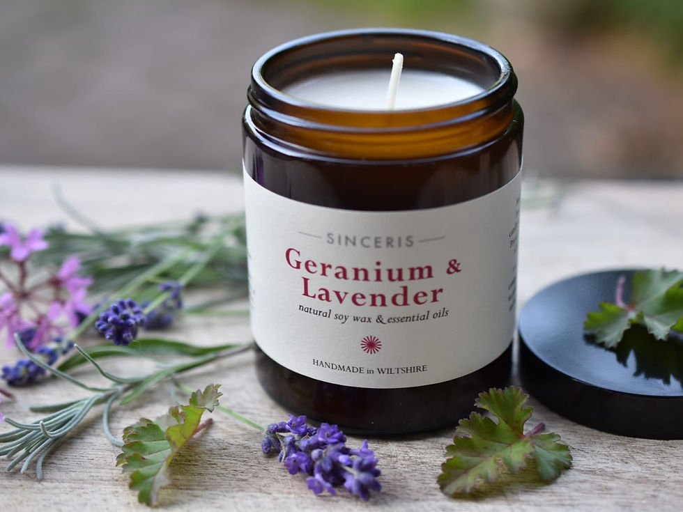 Geranium & Lavender Essential Oil Soy Wax Candle more grennery less coloured flowers