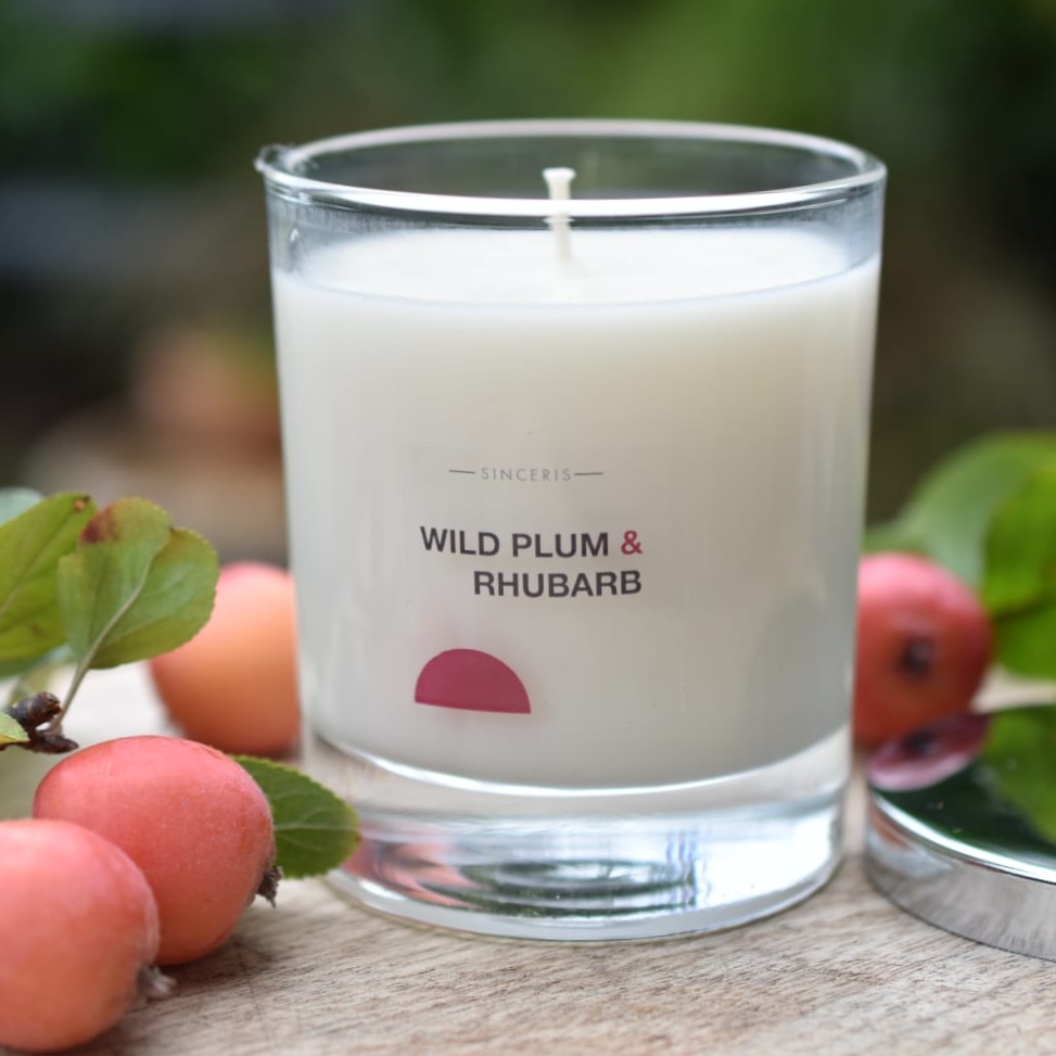 Wild Plum & Rhubarb Soy Glass Candle with plums