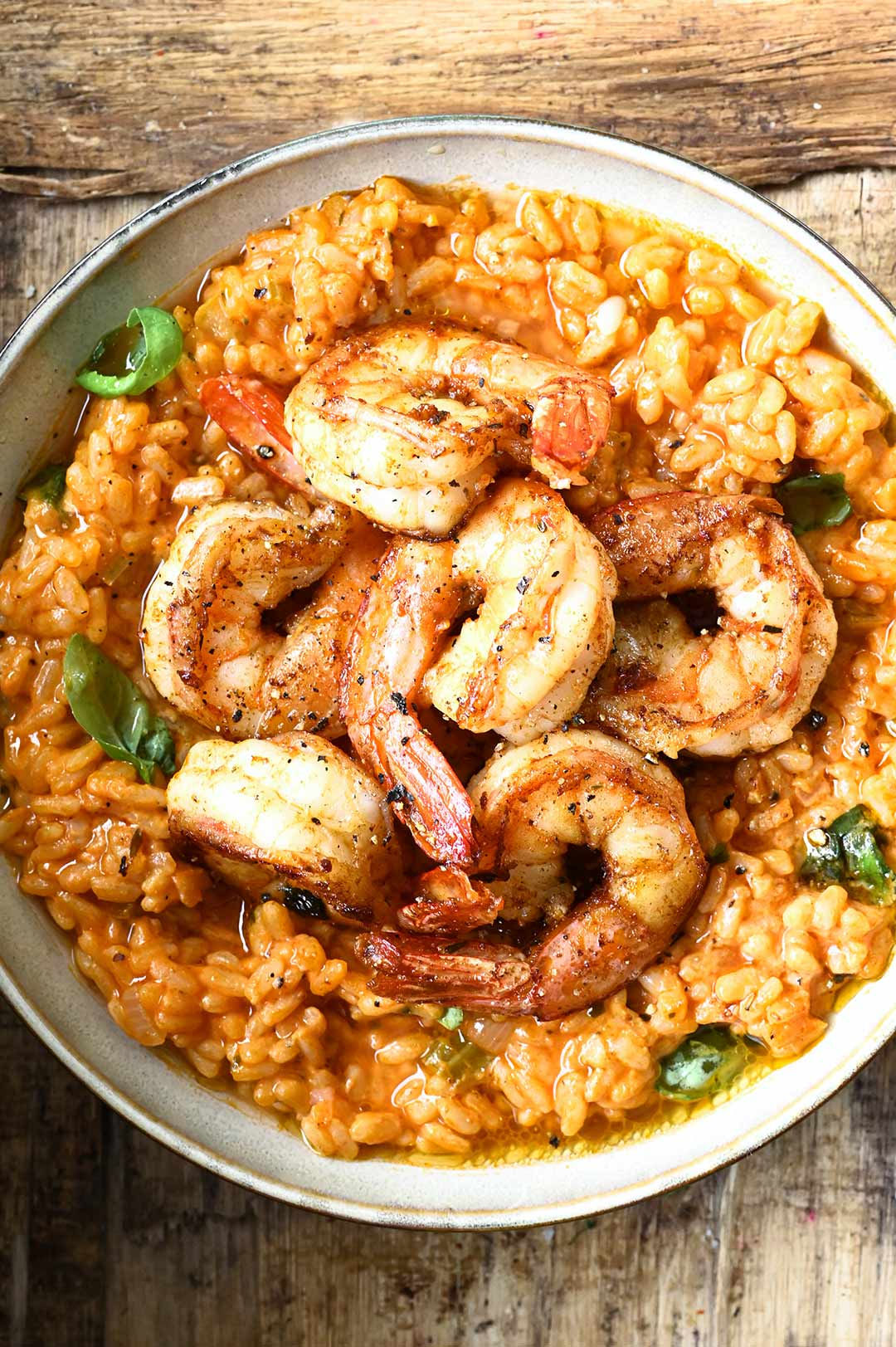 Bloody mary shrimp over creamy risotto
