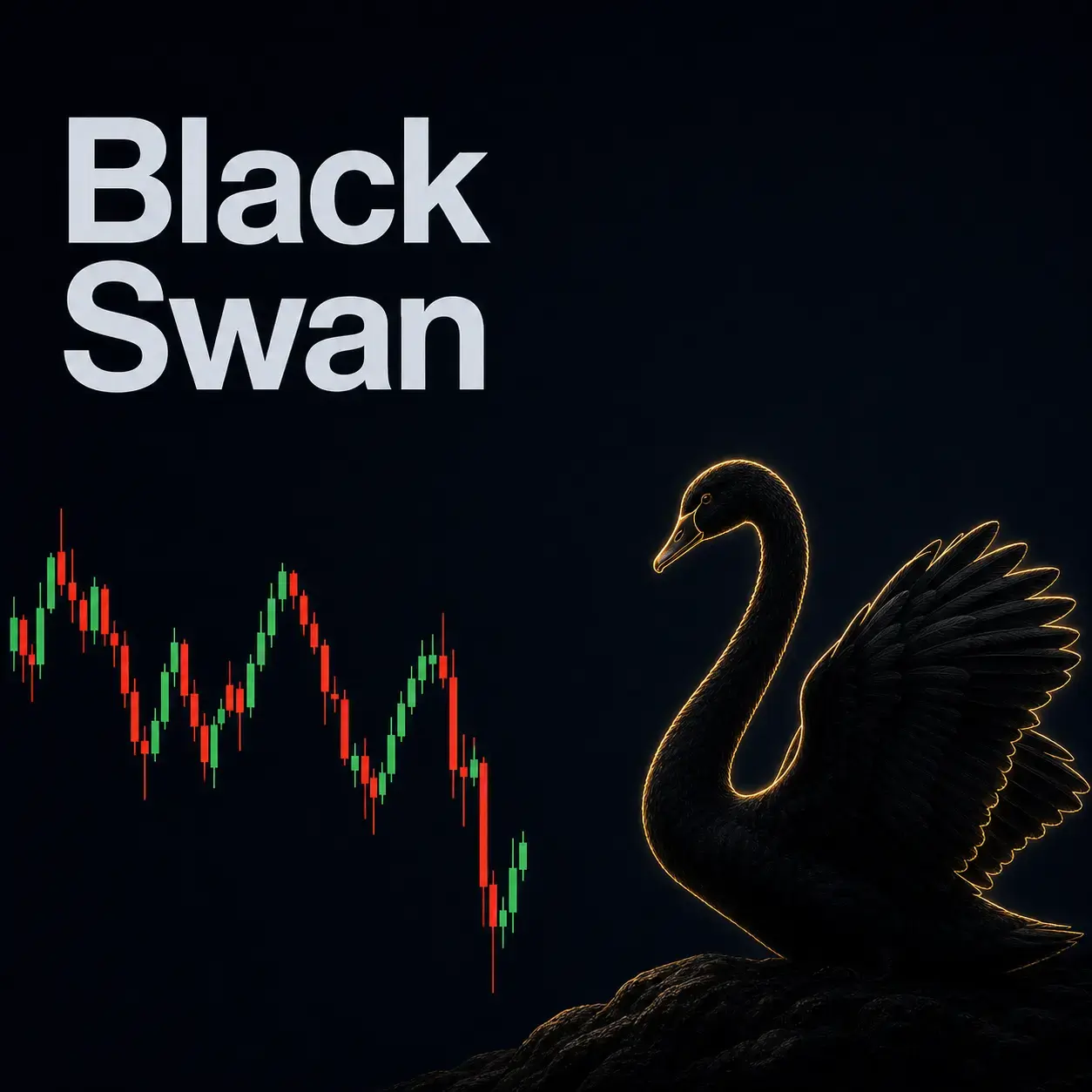 Illustration Black Swan : cygne noir lumineux au bord de l'eau, graphique en chandeliers montrant une chute brutale