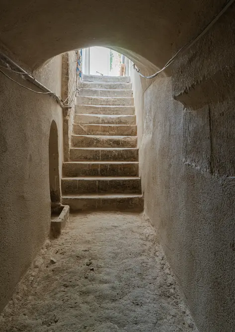 : Architecte Versailles restauration cave historique : escalier ancien sous voûte en berceau enduit, sol en terre, lumière naturelle en haut des marches - Chantier Tournelles quartier Saint-Louis Versailles - Cabinet architecture Antoine de Gironde, rénovation escalier cave patrimoine