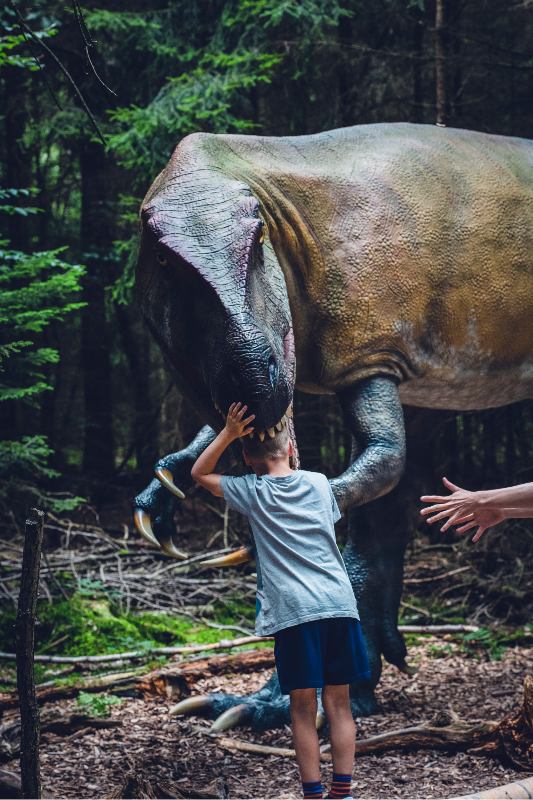 Dziecko wkłada głowę do paszczy sztucznego dinozaura w Łebie