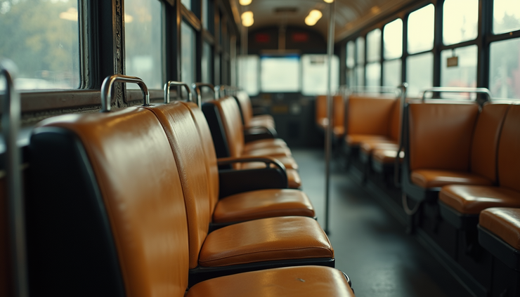 Eye-level view of a vintage bus seat symbolizing Rosa Parks' act of defiance