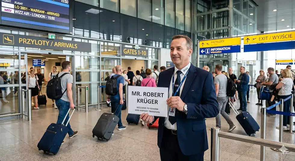 Kierowca vip taxi w garniturze trzyma napis Mr. Robert Krüger na lotnisku, otoczony przez ludzi z walizkami. Tło z tablicami przylotów i bramek.
