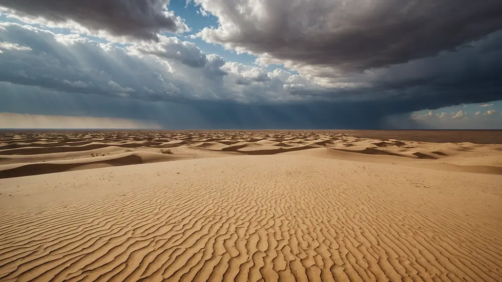 High angle view of an expansive, sandy terrain under cloudy skies