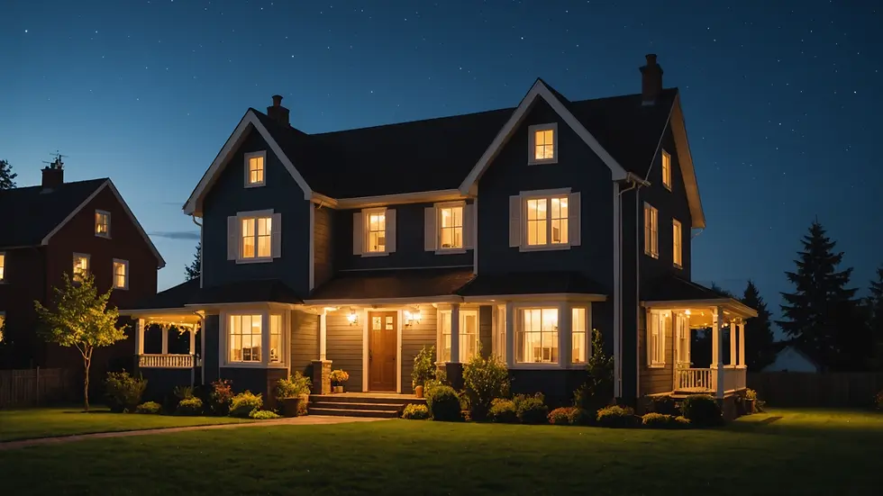Close-up view of the house glowing against the night sky