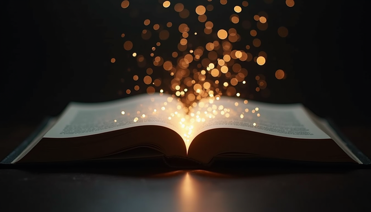 High angle view of a glowing book surrounded by light particles