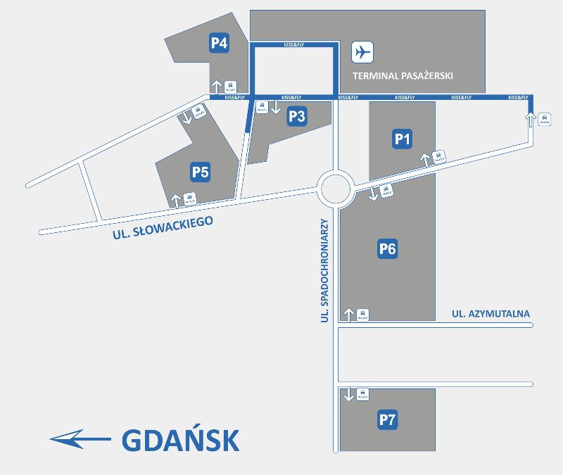 Rozkład parkingów na około lotniska w Gdańsku Rębiechowie