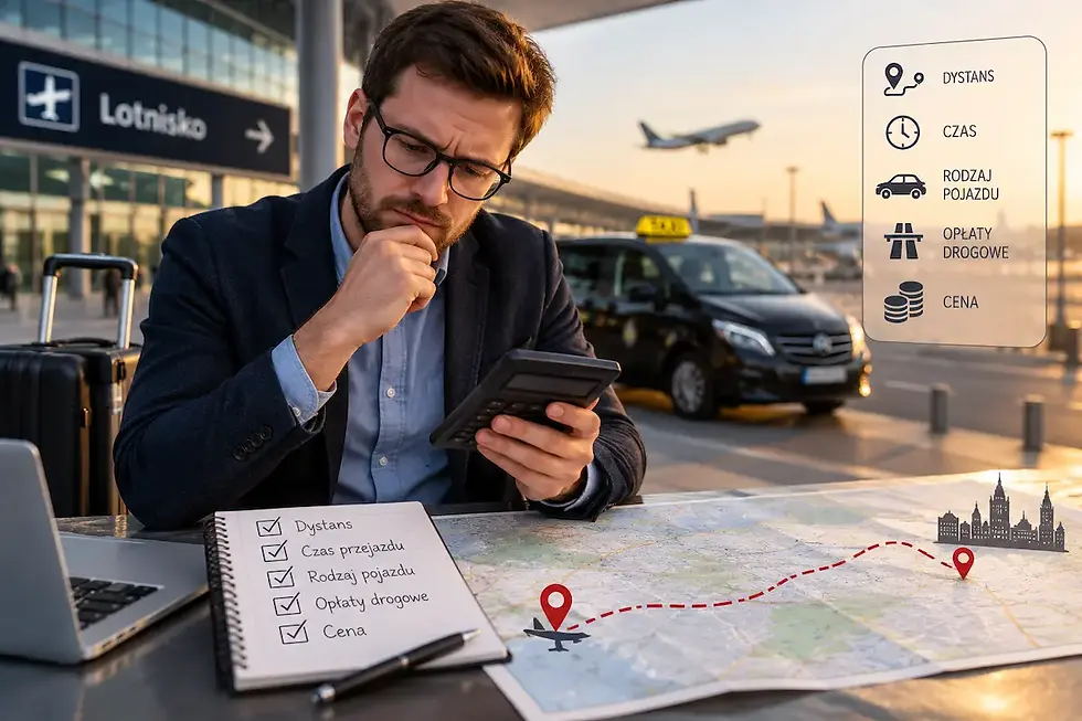 Mężczyzna na lotnisku liczy koszty podróży na kalkulatorze; na stole mapa z trasą, laptop i notatnik z listą po polsku.