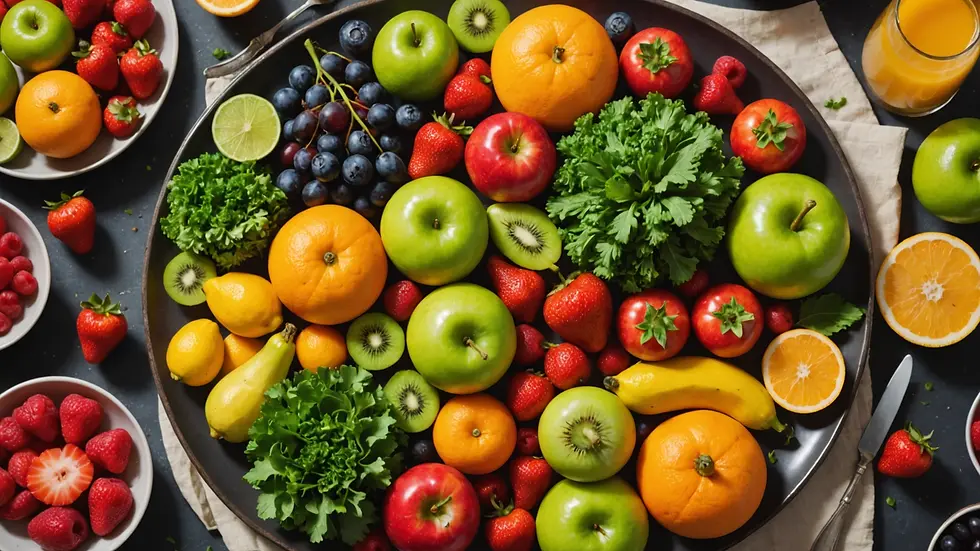 High angle view of a beautifully arranged plate of vibrant fruits and vegetables