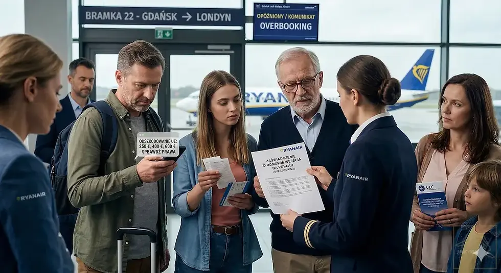 scena przedstawiająca pasażerów nie wpuszczonych na pokład samolotu z powodu procedury Overbooking.