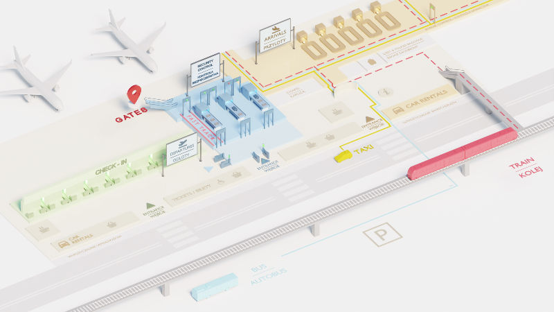 mapa pokazująca schemat wyjść, transportu oraz komunikacji w obrębie lotniska w Gdańsku
