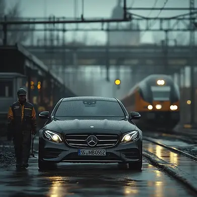 Czarny mercedes czeka na stacji kolejowej na maszynistów.webp
