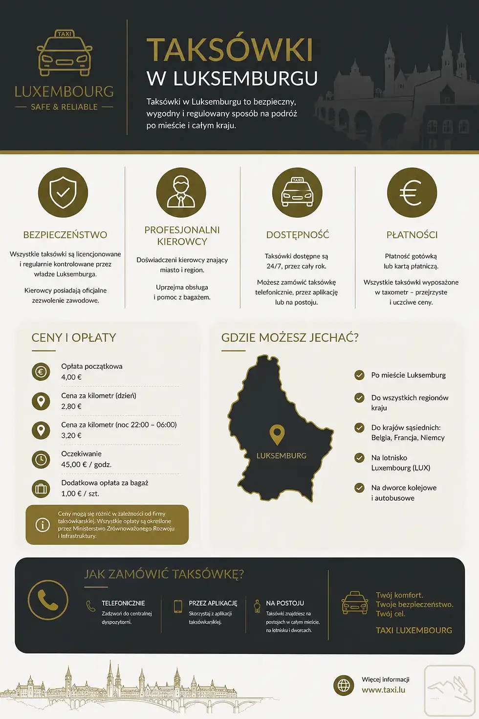 Infografik über Taxis in Luxemburg: Sicherheit, Preise, Verfügbarkeit rund um die Uhr, Landkarte und Logo von Taxi Luxembourg.