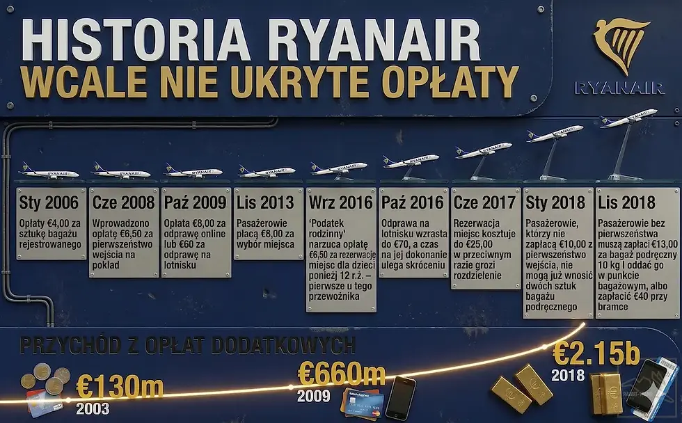 Infografika pokazująca historię dodatkowych opłat Ryanair od 2006 do 2018 roku. Zawiera samoloty, daty, kwoty i opis opłat na niebieskim tle.