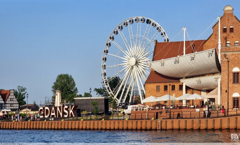 View of the observation wheel on the ołowianka island in Gdansk