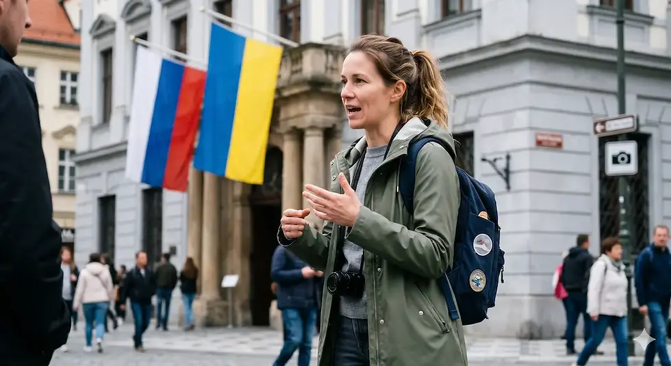 A woman with a backpack talks on the street. In the background, a building and the flags of Russia and Ukraine. An atmospheric scene of city life.