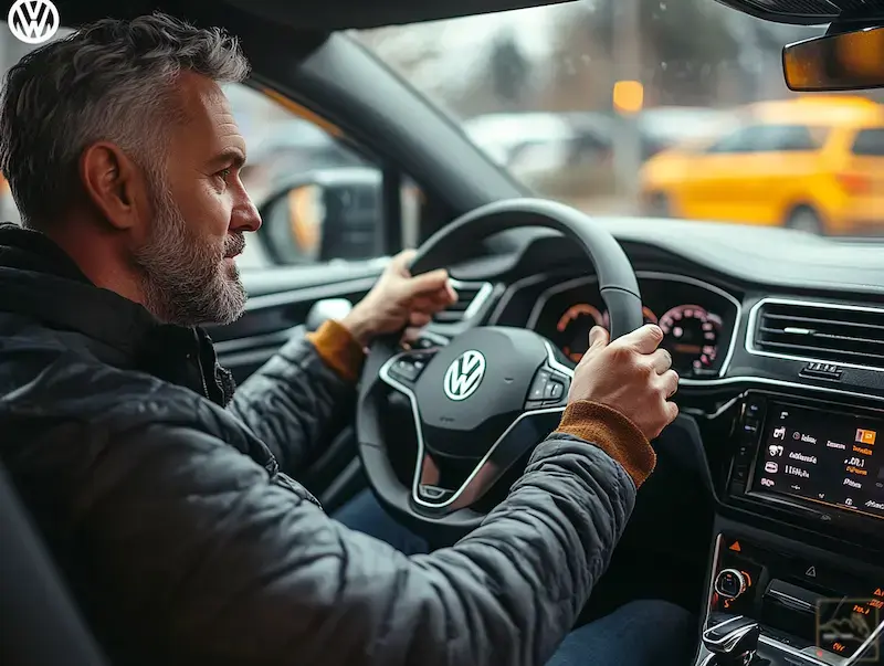 Kierowca w nowym samochodzie vw
