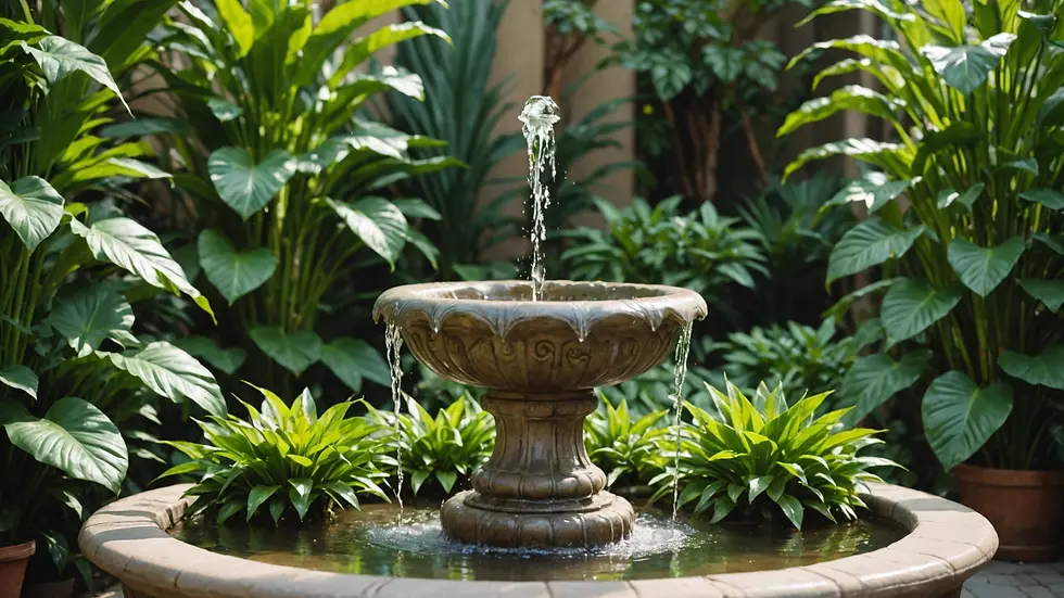 Close-up of a serene water fountain surrounded by vibrant plants