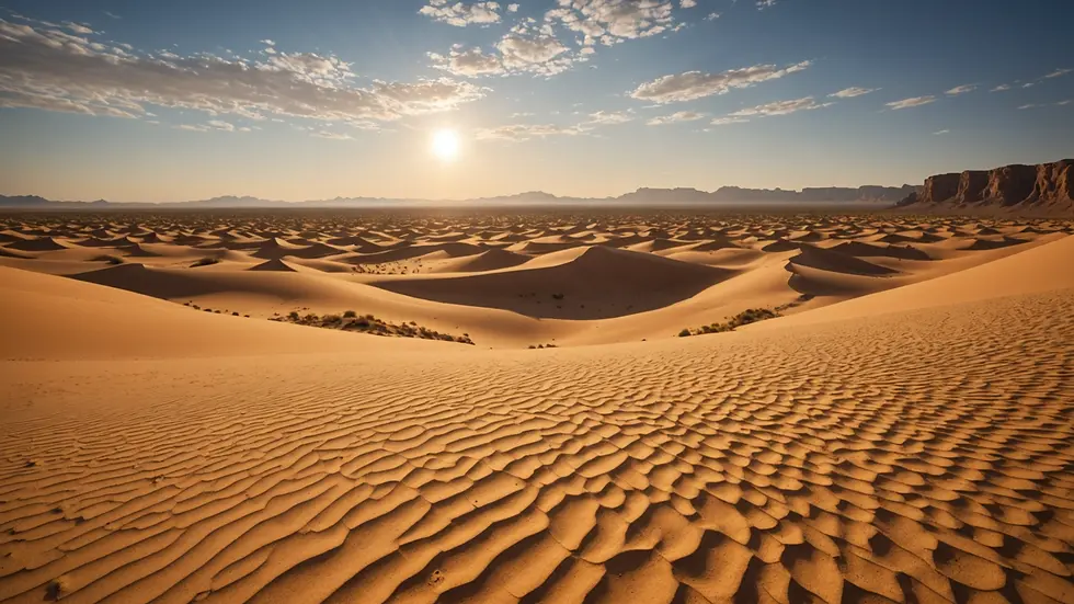 Wide-angle view of an ancient desert landscape under the sun