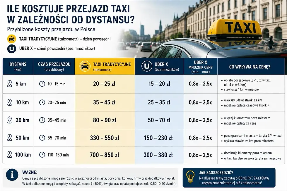 Infografika o kosztach taxi i Ubera w Polsce, z tabelą stawek dla 5–100 km; w tle ulica i żółte taxi.