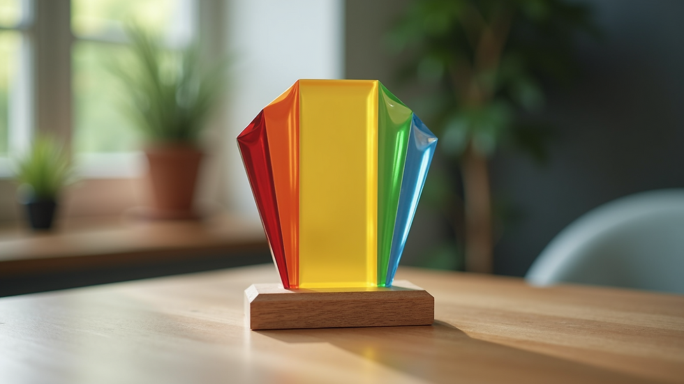 Eye-level view of a colorful acrylic award with a wooden base