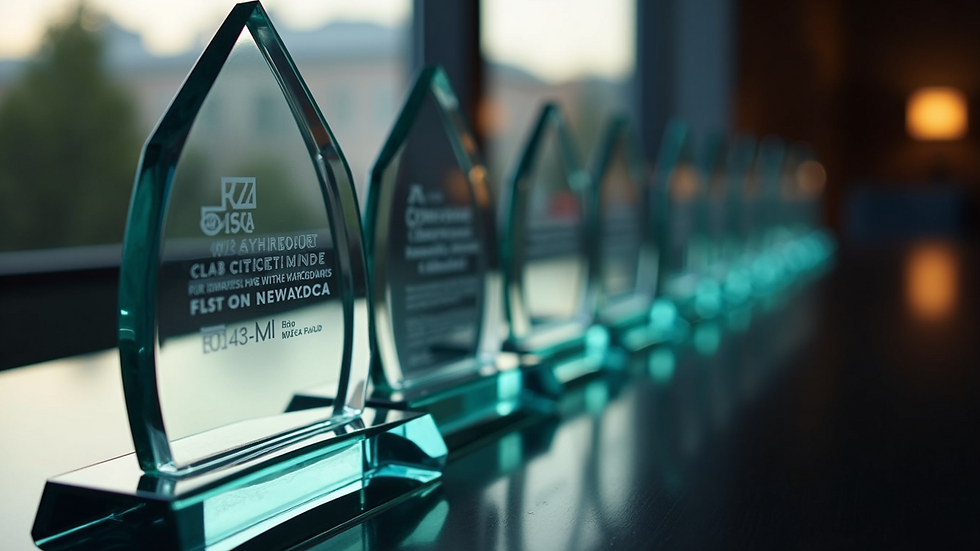 High angle view of a corporate award ceremony setup with acrylic awards on display